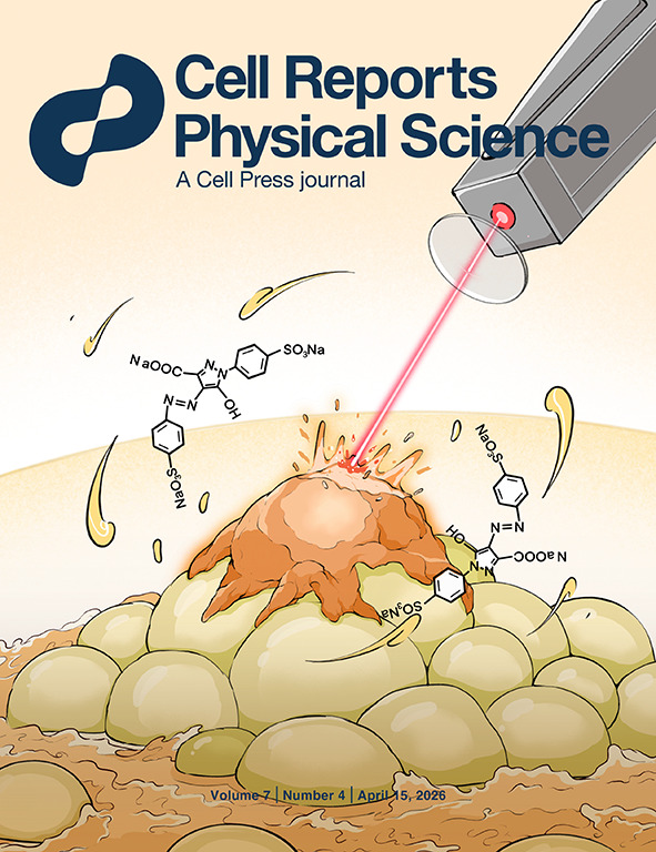 Cell Reports Physical Science cover, Volume 7, Number 4, April 15, 2026, illustrating guided laser tumor ablation